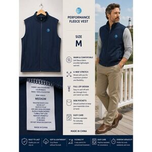 AT&T Performance Fleece Vest Mens Medium Blue Full Zip 4-Way Stretch